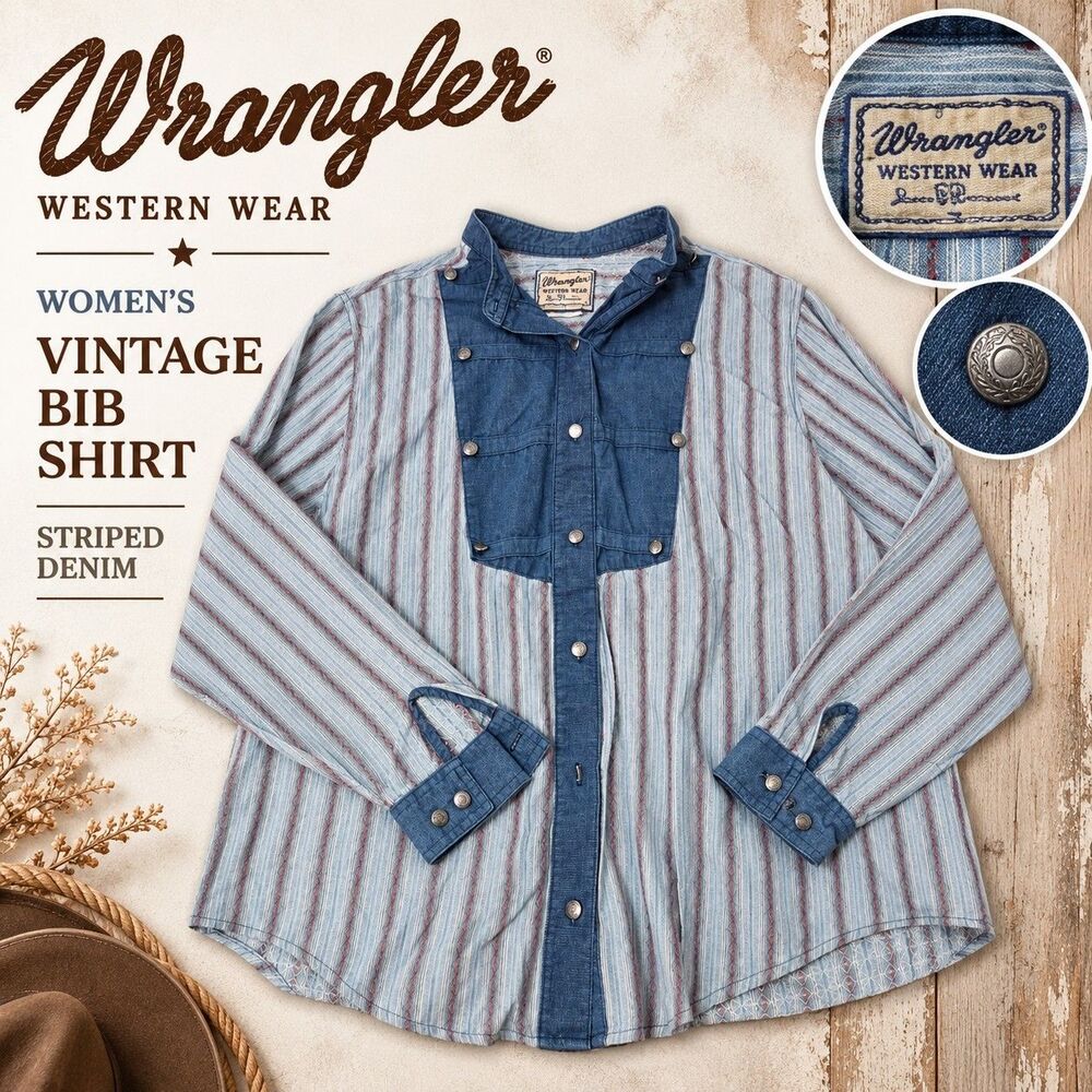 Vintage Wrangler Western Wear Women's Striped Denim Bib Shirt